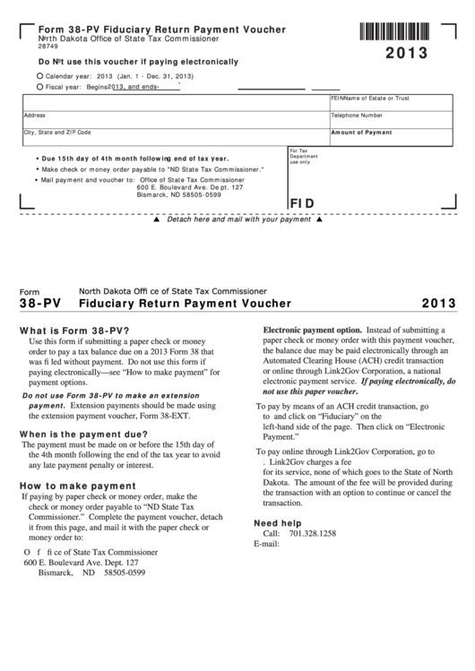 Fillable Form 38-Pv - Fiduciary Return Payment Voucher - 2013 Printable pdf