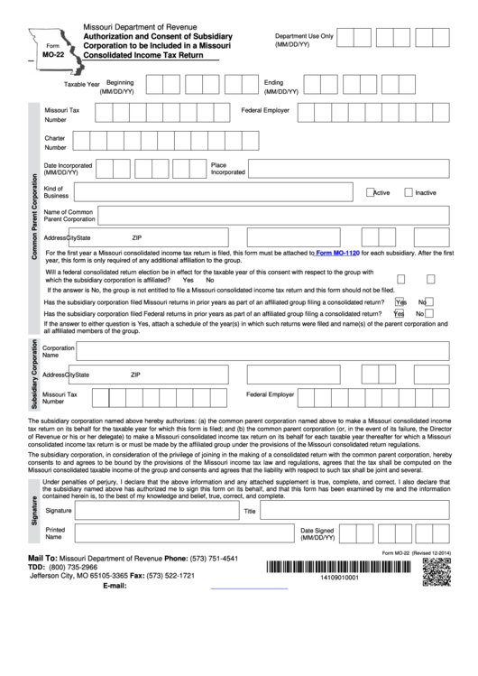 Fillable Form Mo-22 - Authorization And Consent Of Subsidiary Corporation To Be Included In A Missouri Consolidated Income Tax Return Printable pdf