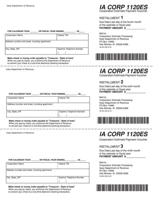 Form Ia Corp 1120es - Corporation Estimate Payment Voucher Printable pdf