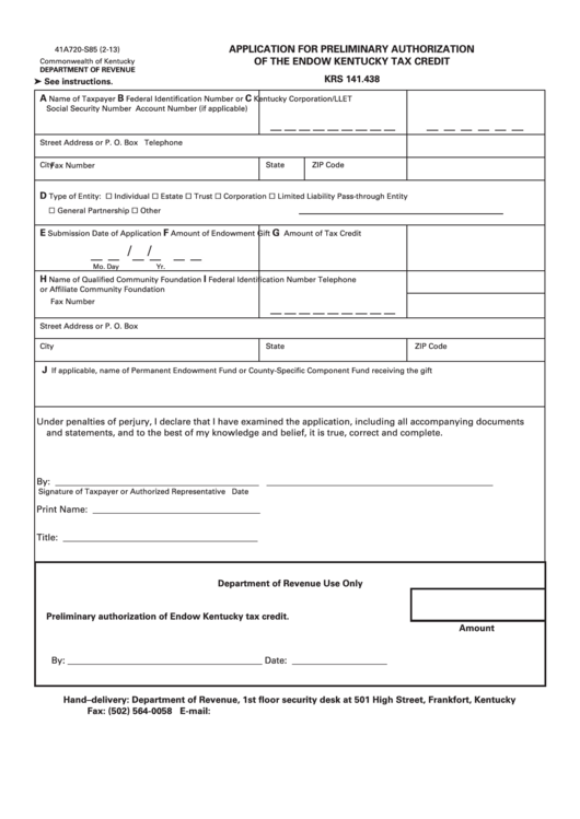 Form 41a720-S85 - Application For Preliminary Authorization Of The Endow Kentucky Tax Credit Printable pdf