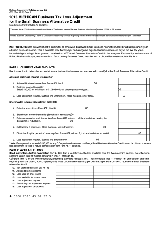 Form 4575 - Michigan Business Tax Loss Adjustment For The Small Business Alternative Credit - 2013 Printable pdf