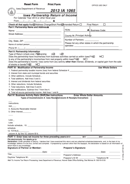 Fillable Form Ia 1065 - Iowa Partnership Return Of Income - 2013 Printable pdf