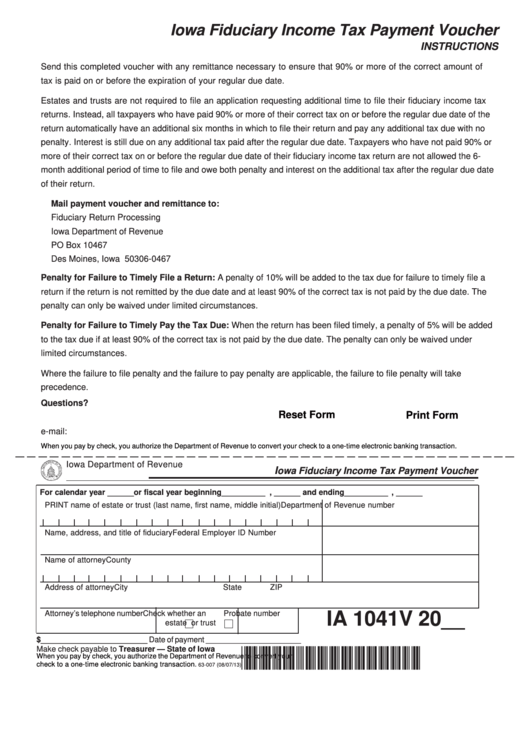 Fillable Form Ia 1041v - Iowa Fiduciary Income Tax Payment Voucher Printable pdf