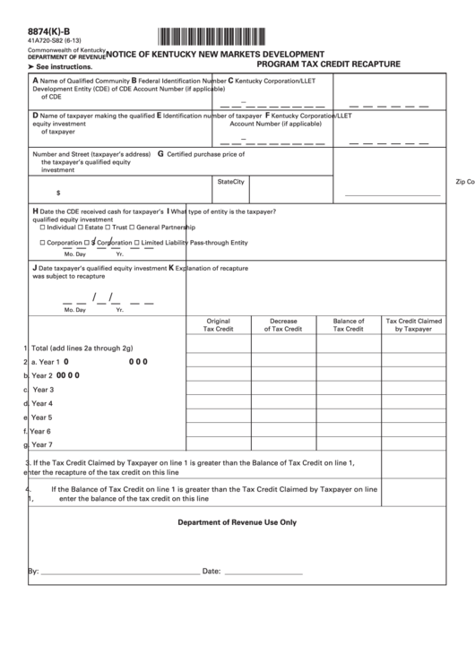 Form 8874(K)-B - Notice Of Kentucky New Markets Development Program Tax Credit Recapture Printable pdf