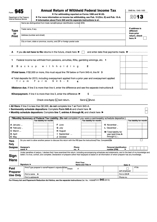 Fillable Form 945 - Annual Return Of Withheld Federal Income Tax - 2013 Printable pdf