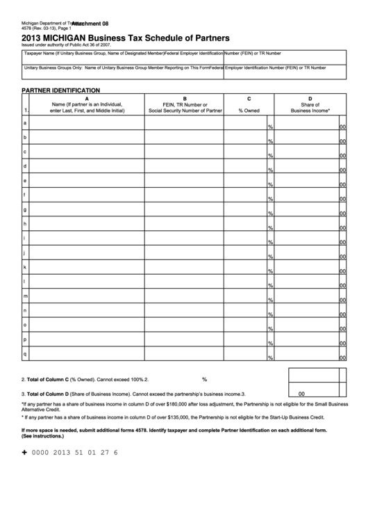 Form 4578 - Michigan Business Tax Schedule Of Partners - 2013 Printable pdf