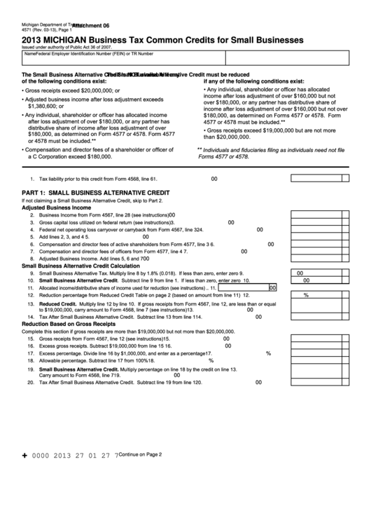 Form 4571 - Michigan Business Tax Common Credits For Small Businesses - 2013 Printable pdf