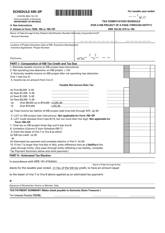 Schedule Kbi-Sp (Form 41a720-S54) - Tax Computation Schedule (For A Kbi Project Of A Pass-Through Entity) Printable pdf