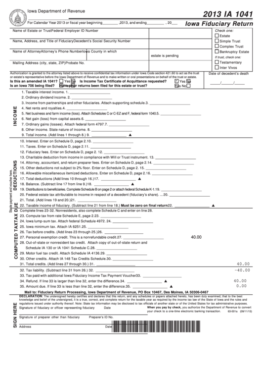 Fillable Form Ia 1041 - Iowa Fiduciary Return - 2013 Printable pdf