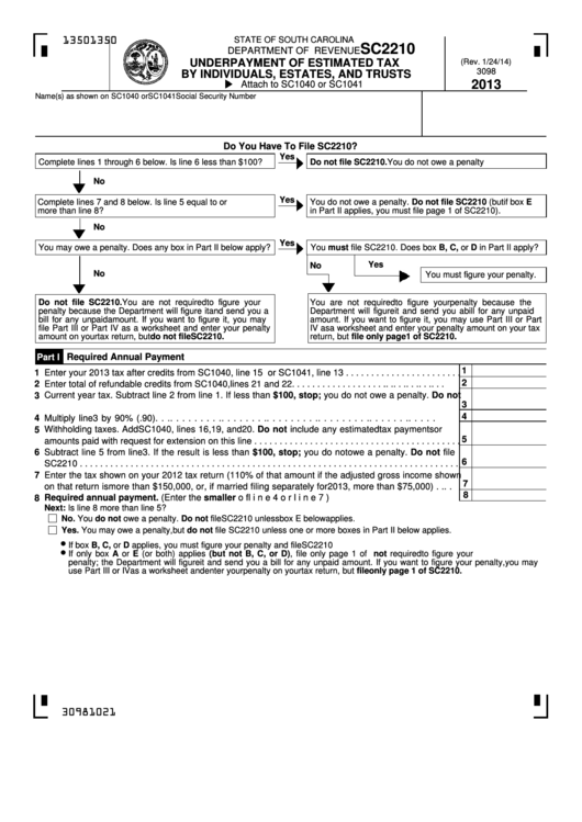 Fillable Form Sc2210 - Underpayment Of Estimated Tax By Individuals, Estates, And Trusts - 2013 Printable pdf
