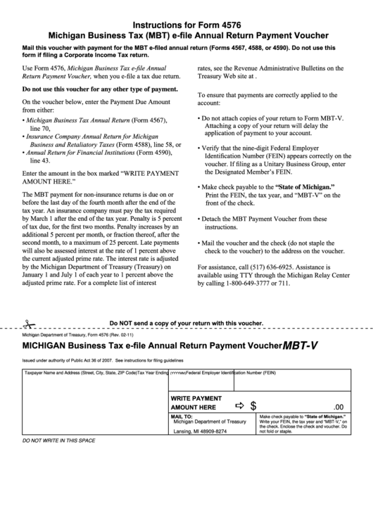 Form 4576 - Michigan Business Tax E-File Annual Return Payment Voucher Printable pdf