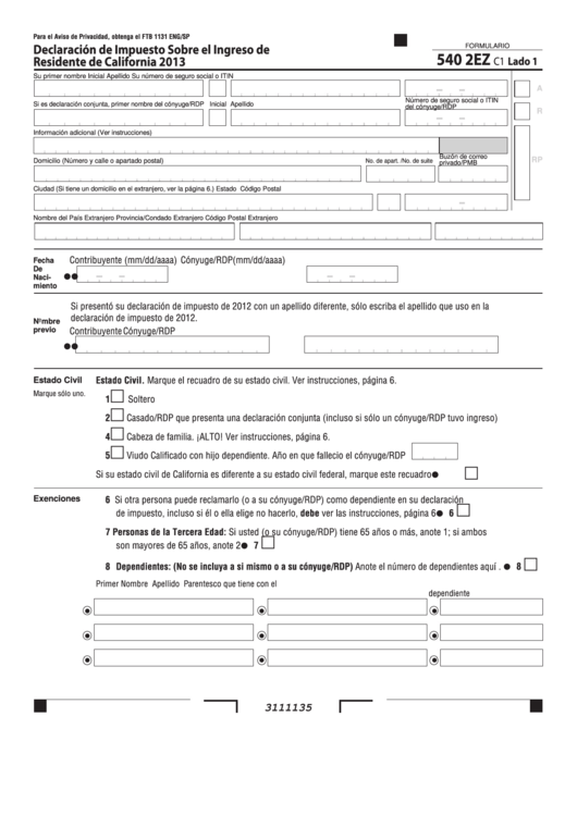 Formulario 540 2ez - Declaracion De Impuesto Sobre El Ingreso De Residente De California - 2013 Printable pdf