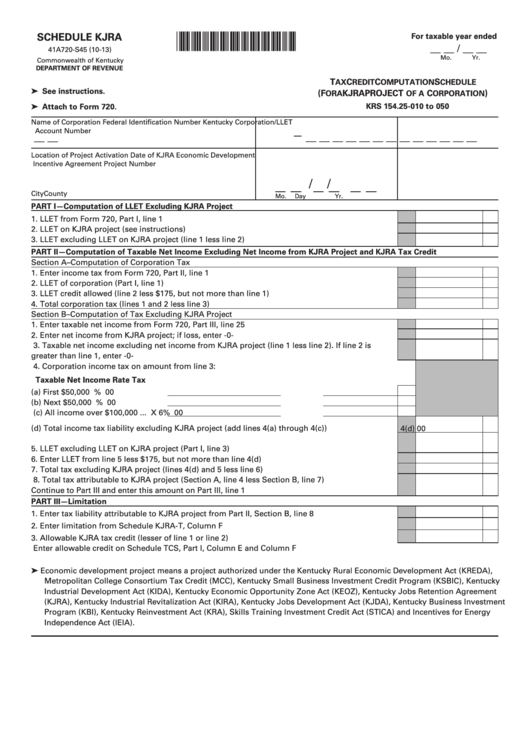 Schedule Kjra (Form 41a720-S45) - Tax Credit Computation Schedule (For A Kjra Project Of A Corporation) Printable pdf