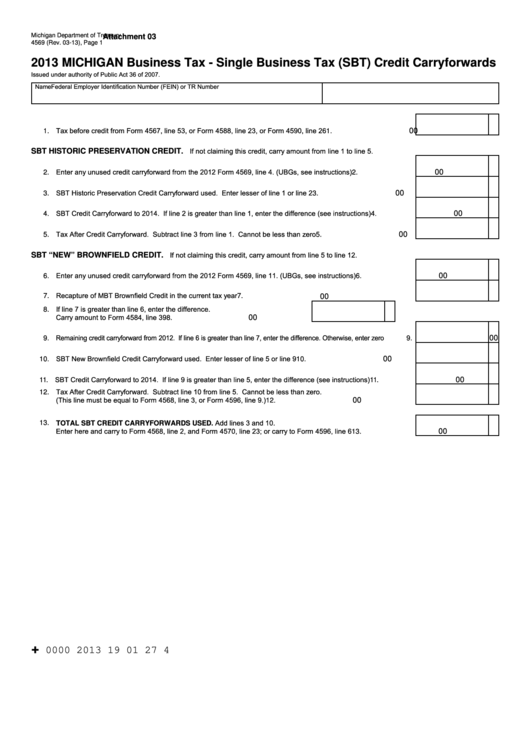 Form 4569 - Michigan Business Tax - Single Business Tax (Sbt) Credit Carryforwards - 2013 Printable pdf