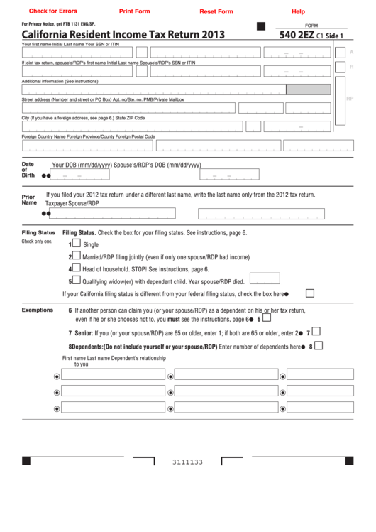 Fillable Form 540 2ez - California Resident Income Tax Return - 2013 ...