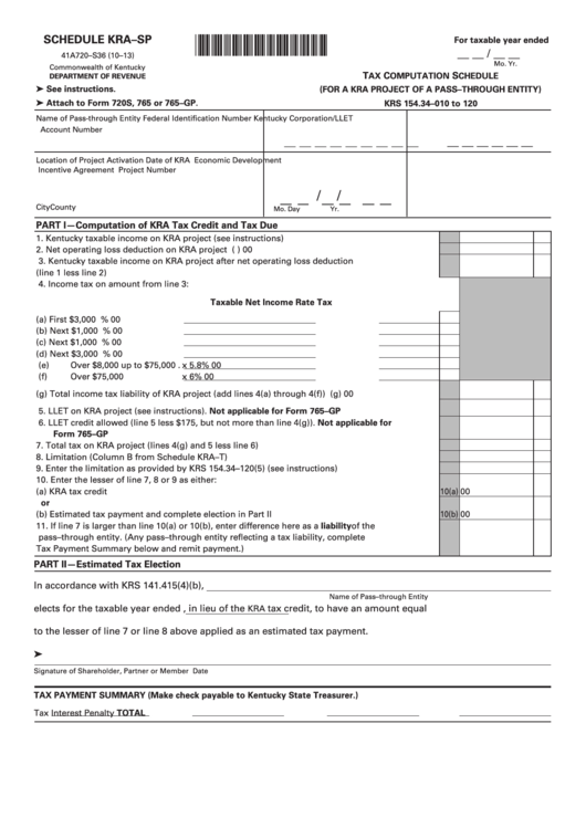 Schedule Kra-Sp (Form 41a720-S36) - Tax Computation Schedule (For A Kra Project Of A Pass-Through Entity) Printable pdf