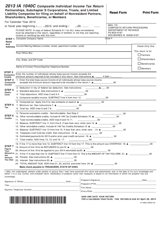 Fillable Form Ia 1040c - Composite Individual Income Tax Return - 2013 Printable pdf