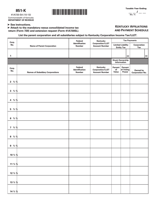 Form 851-K - Kentucky Affiliations And Payment Schedule Printable pdf