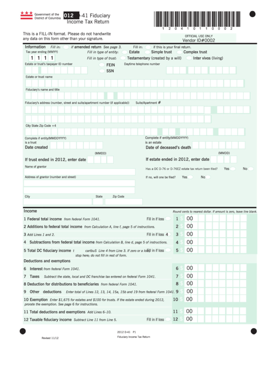 Fillable Form D-41 - Fiduciary Income Tax Return - 2012 Printable pdf