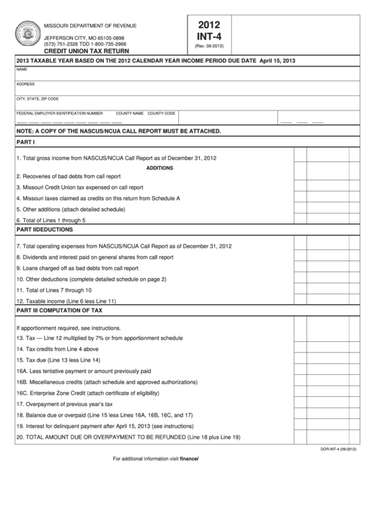 Fillable Form Int-4 - Credit Union Tax Return - 2012 Printable pdf
