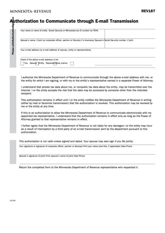 Fillable Form Rev187 - Authorization To Communicate Through E-Mail Transmission Printable pdf