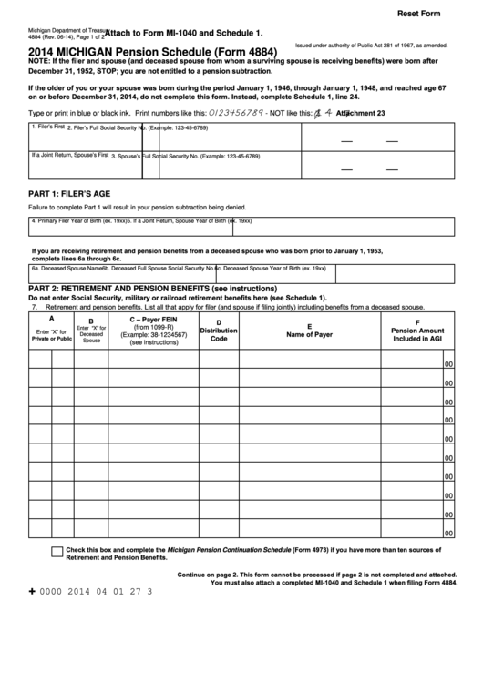 Fillable Form 4884 - Michigan Pension Schedule - 2014 Printable pdf