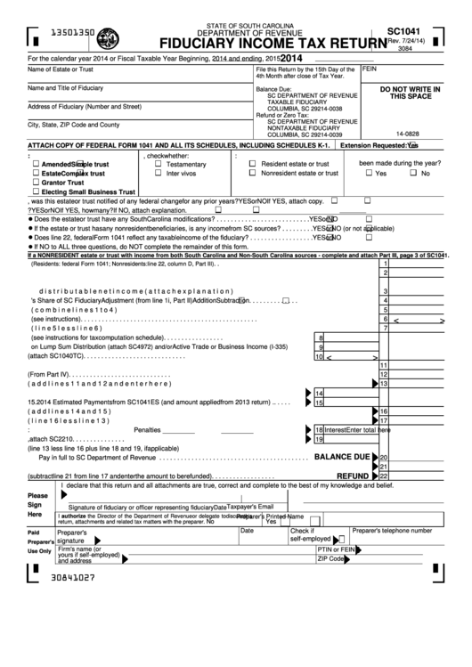 Fillable Form Sc1041 - Fiduciary Income Tax Return - 2014 Printable pdf