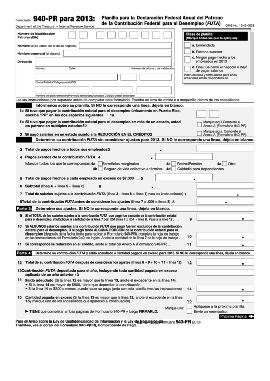 Fillable Formulario 940-Pr - Planilla Para La Declaracion Federal Anual Del Patrono De La Contribucion Federal Para El Desempleo (Futa) Printable pdf