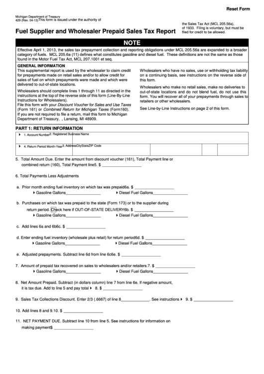 Fillable Form 429- Fuel Supplier And Wholesaler Prepaid Sales Tax Report Printable pdf