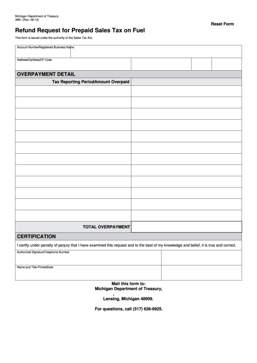 Fillable Form 3891 - Refund Request For Prepaid Sales Tax On Fuel Printable pdf