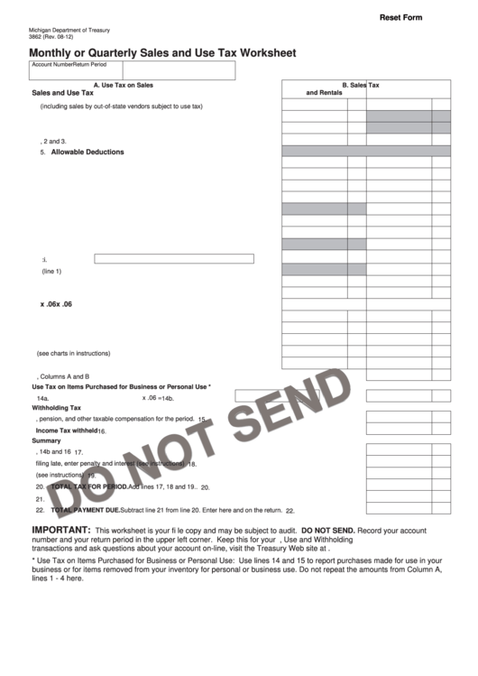 Fillable Form 3862 - Monthly Or Quarterly Sales And Use Tax Worksheet Printable pdf