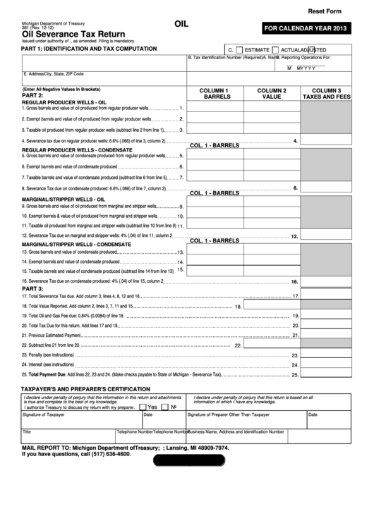 Fillable Form 381 - Oil Severance Tax Return Printable pdf
