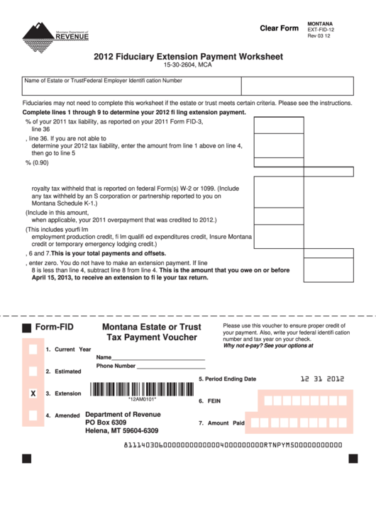 Fillable Form Ext-Fid-12 - Fiduciary Extension Payment Worksheet - 2012 Printable pdf