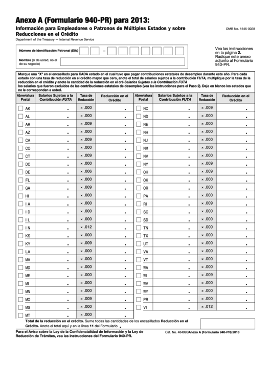Fillable Anexo A (Formulario 940-Pr) - Informacion Para Empleadores O Patronos De Multiples Estados Y Sobre Reducciones En El Credito - 2013 Printable pdf