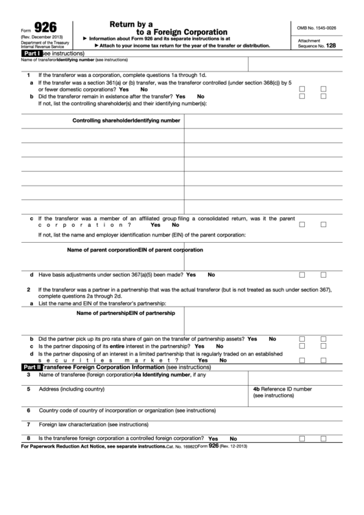 Fillable Form 926 - Return By A U.s. Transferor Of Property To A Foreign Corporation Printable pdf