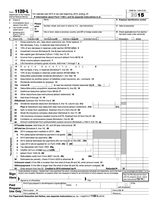 Form 1120-l - U.s. Life Insurance Company Income Tax Return - 2015