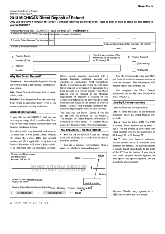 Fillable Form 3174 - Michigan Direct Deposit Of Refund - 2013 printable ...