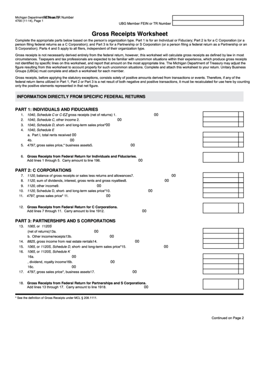 Form 4700 - Gross Receipts Worksheet Printable pdf