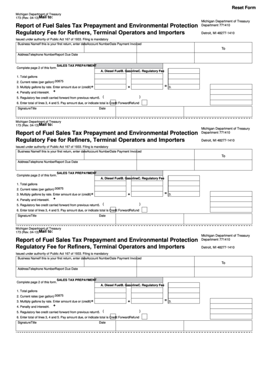 Fillable Form 173 - Report Of Fuel Sales Tax Prepayment And Environmental Protection Regulatory Fee For Refiners, Terminal Operators And Importers Printable pdf
