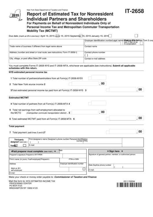 Fillable Form It-2658 - Report Of Estimated Tax For Nonresident Individual Partners And Shareholders - 2015 Printable pdf