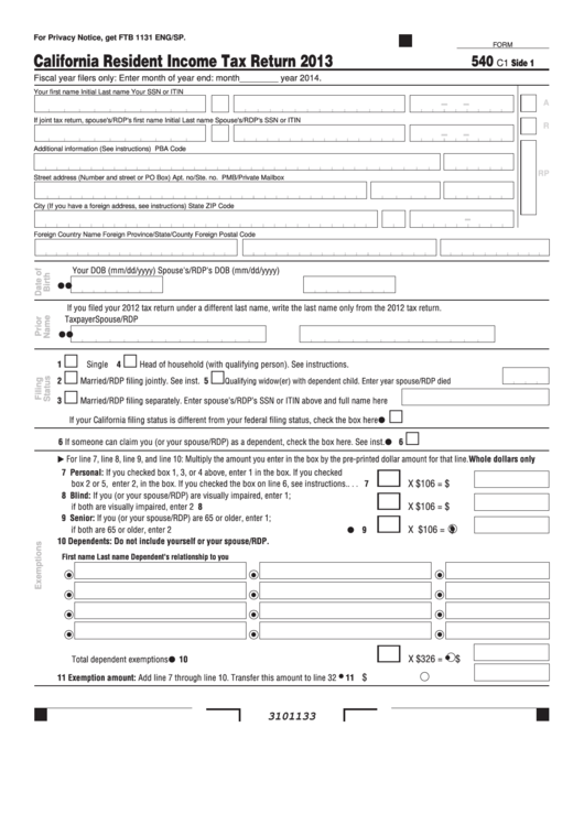 Fillable Form 540 C1 - California Resident Income Tax Return - 2013 Printable pdf