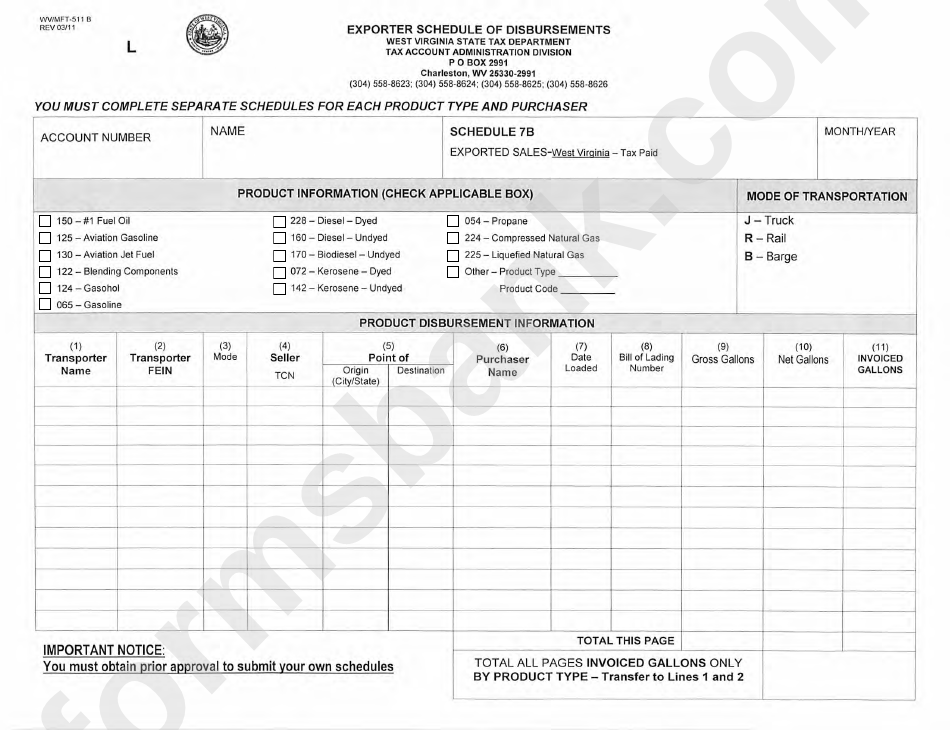 Form Wv/mft-511 B (Schedule 7b)- Exporter Schedule Of Disbursements