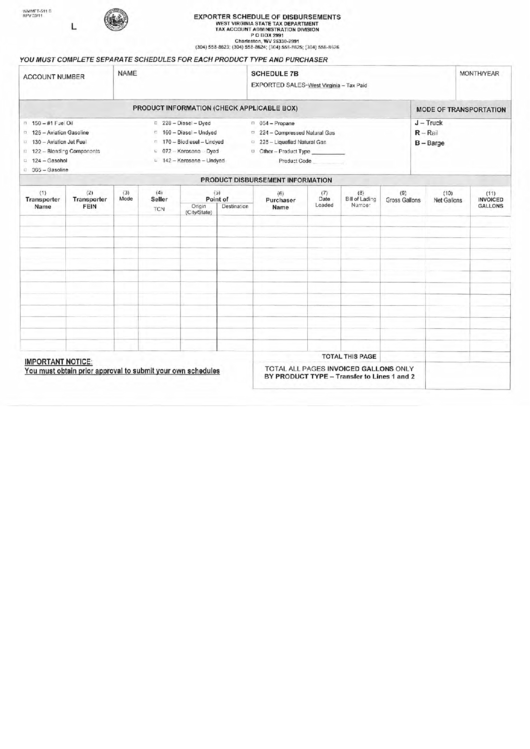 Fillable Form Wv/mft-511 B (Schedule 7b)- Exporter Schedule Of Disbursements Printable pdf