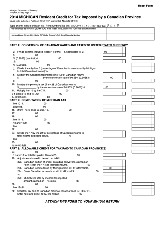 Fillable Form 777 - Michigan Resident Credit For Tax Imposed By A Canadian Province - 2014 Printable pdf