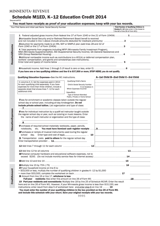 Fillable Schedule M1ed (Form K-12) -Education Credit - 2014 Printable pdf