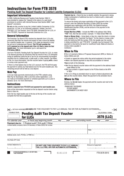 California Form 3578 - Pending Audit Tax Deposit Voucher For Llcs Printable pdf
