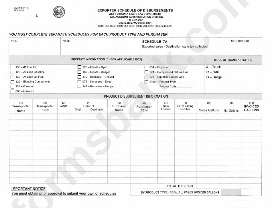 Form Wv/mft-511 A (Schedule 7a) - Exporter Schedule For Disbursements