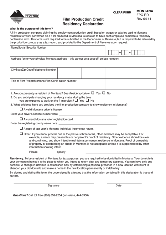 Fillable Form Fpc-Rd - Film Production Credit Residency Declaration Printable pdf