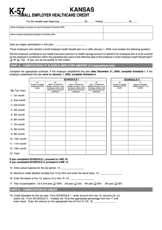 Fillable Schedule K-57 - Kansas Small Employer Healthcare Credit Printable pdf