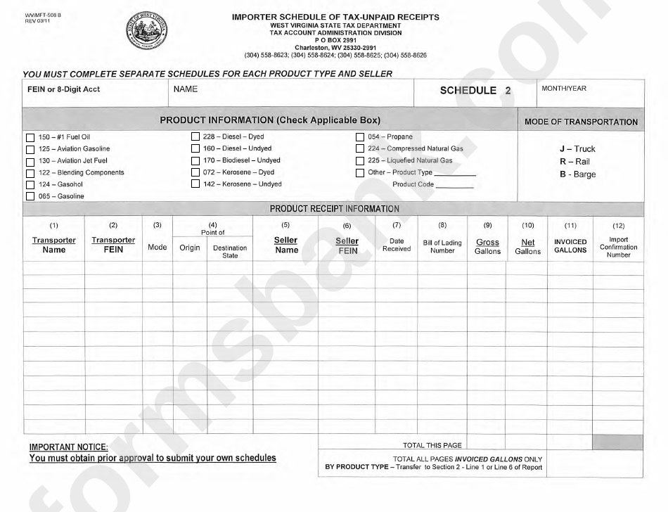 Form Wv/mft-508 B (Schedule 2) - Importer Schedule Of Tax-Unpaid Receipts